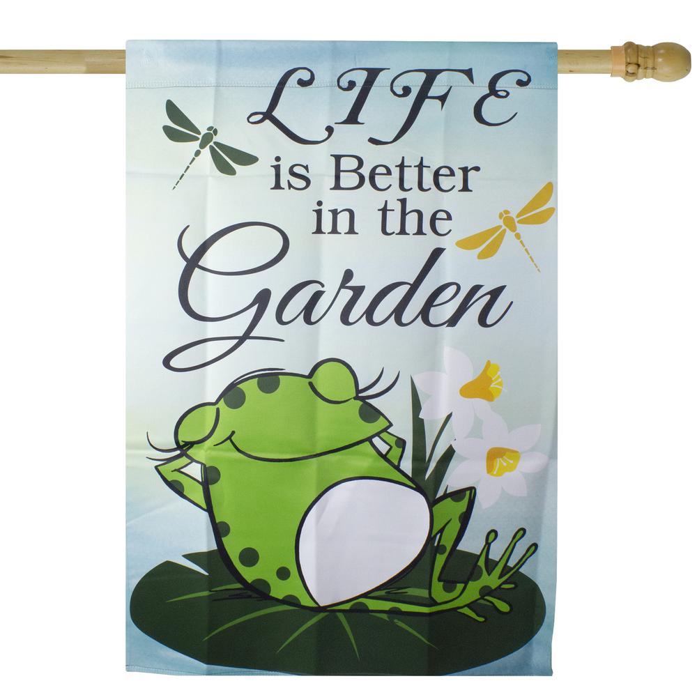 Life is Better in the Garden Green Frog Outdoor House Flag 28" x 40". Picture 1