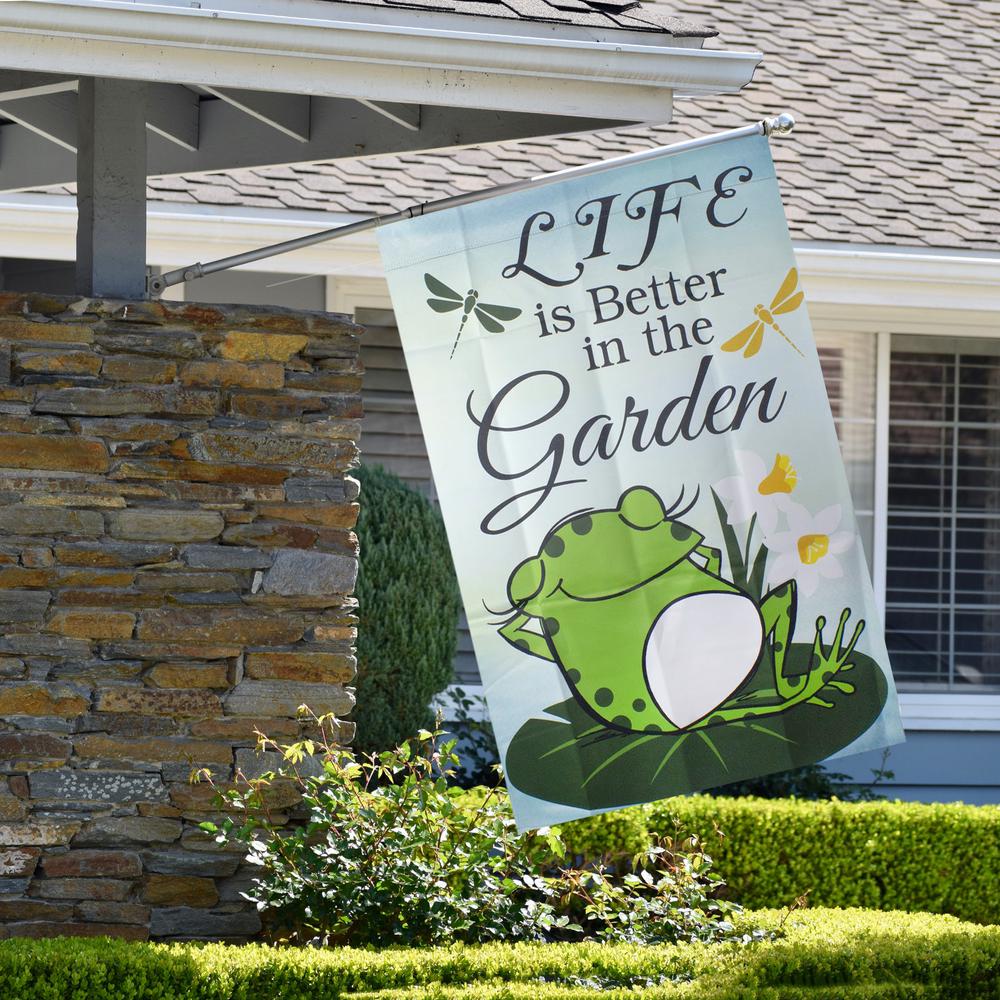 Life is Better in the Garden Green Frog Outdoor House Flag 28" x 40". Picture 3