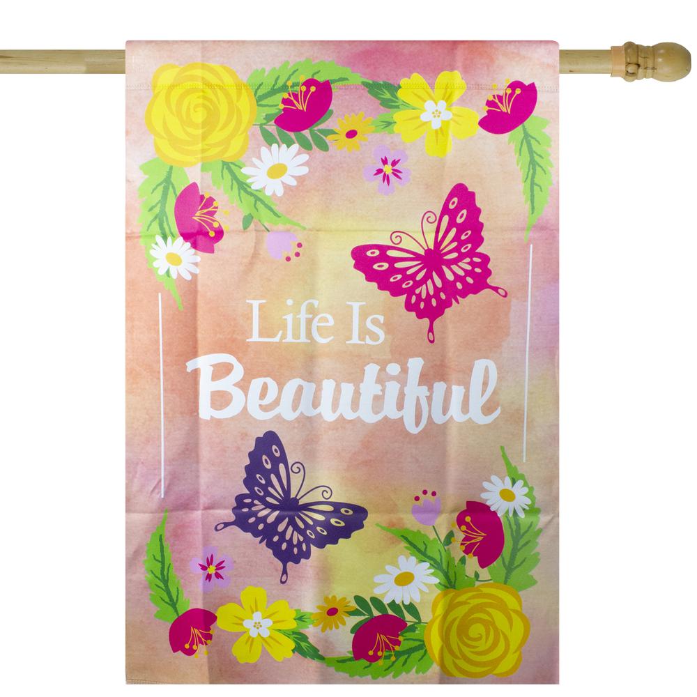 Life is Beautiful Pink Floral Outdoor House Flag 28" x 40". Picture 1