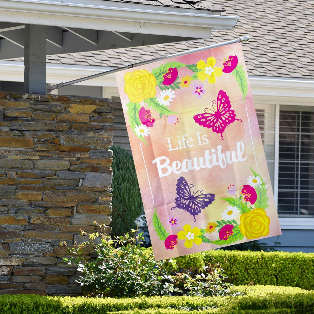 Life is Beautiful Pink Floral Outdoor House Flag 28" x 40". Picture 3