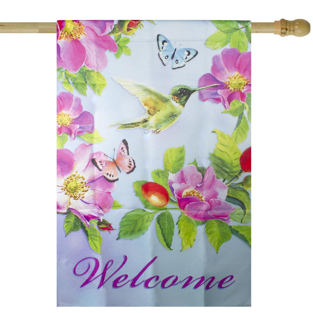 Welcome Hummingbird Floral Outdoor House Flag 28" x 40". Picture 1