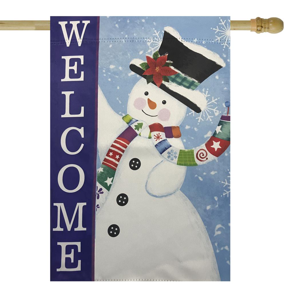 Blue and White Happy Snowman Welcome Outdoor House Flag 28" x 40". Picture 1