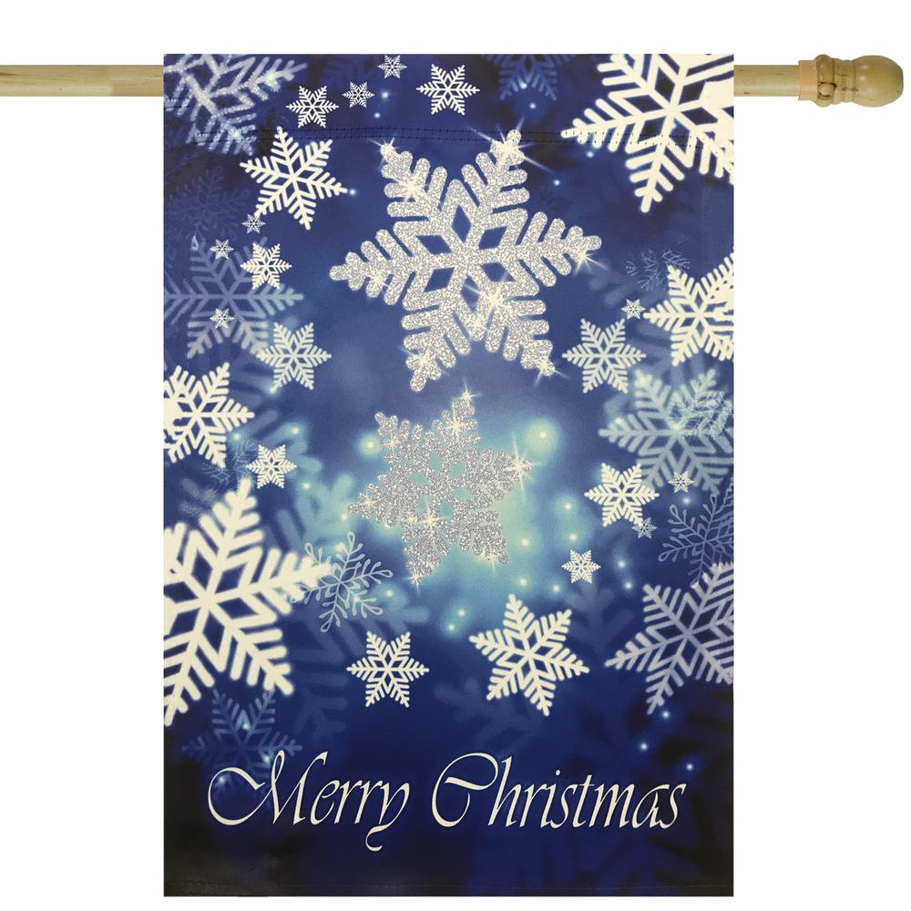 Merry Christmas and Snowflakes Blue and White Garden Flag 28" x 40". Picture 1