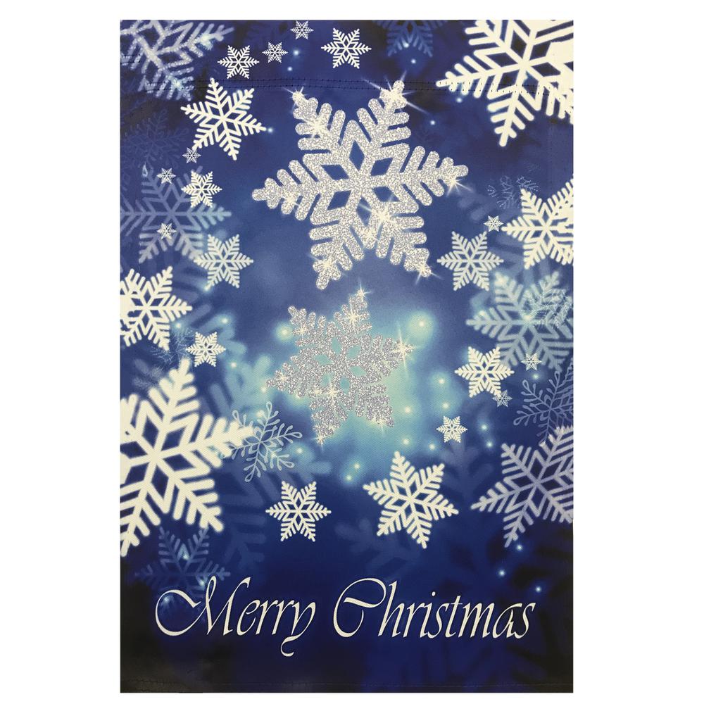 Merry Christmas and Snowflakes Blue and White Garden Flag 28" x 40". Picture 2