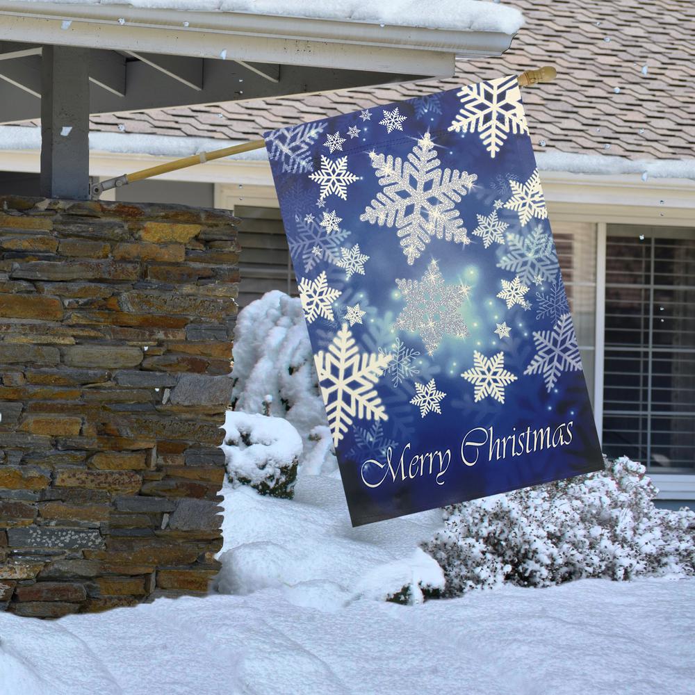 Merry Christmas and Snowflakes Blue and White Garden Flag 28" x 40". Picture 3