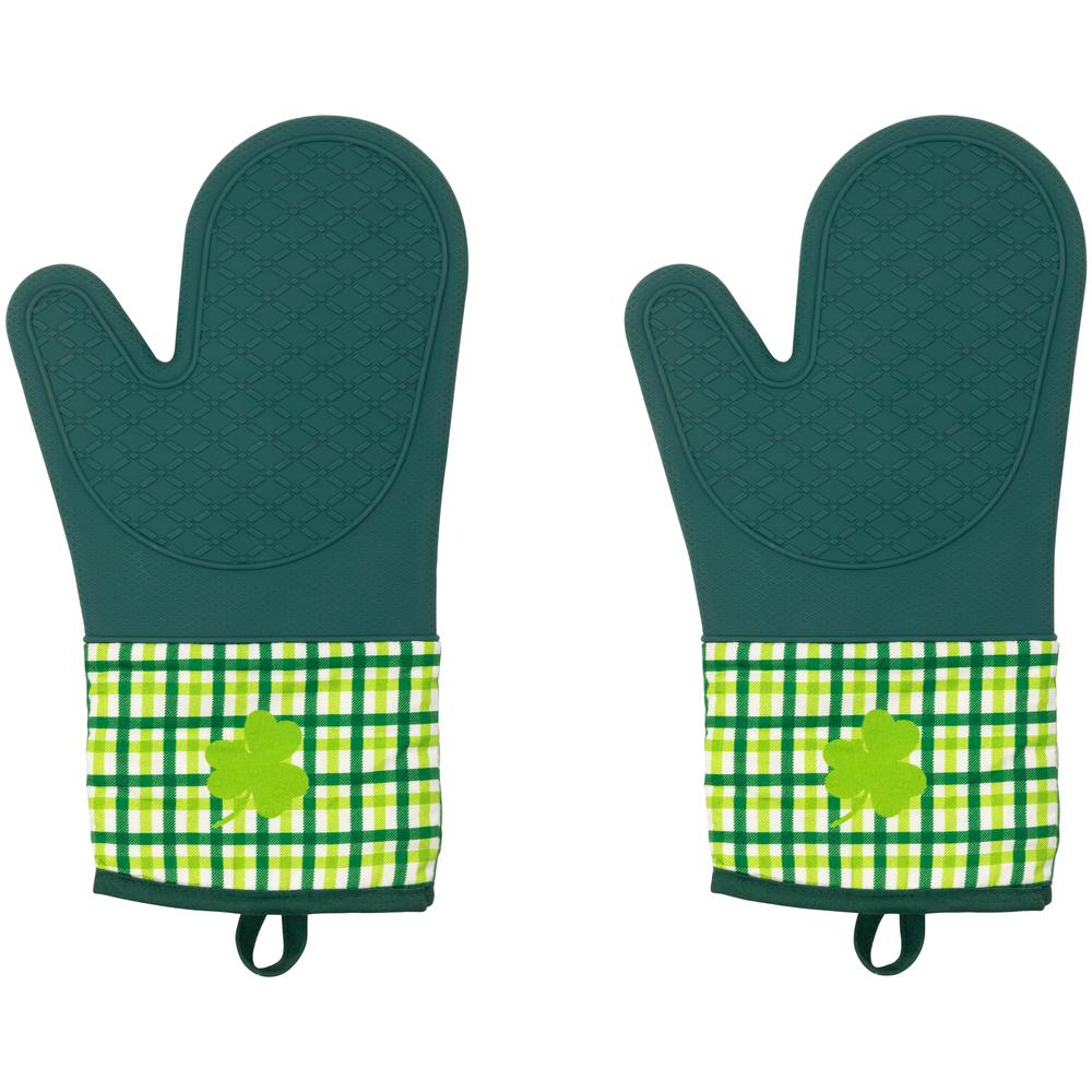 Set of 2 Green Plaid Shamrock St. Patrick's Day Oven Mitts 12.5". Picture 1