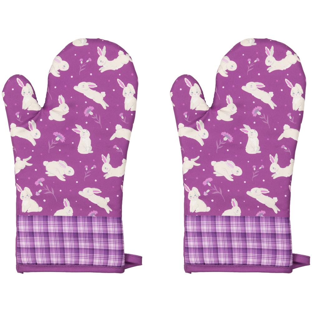 Set of 2 Purple Floral Easter Bunny Oven Mitts 13.75". Picture 1