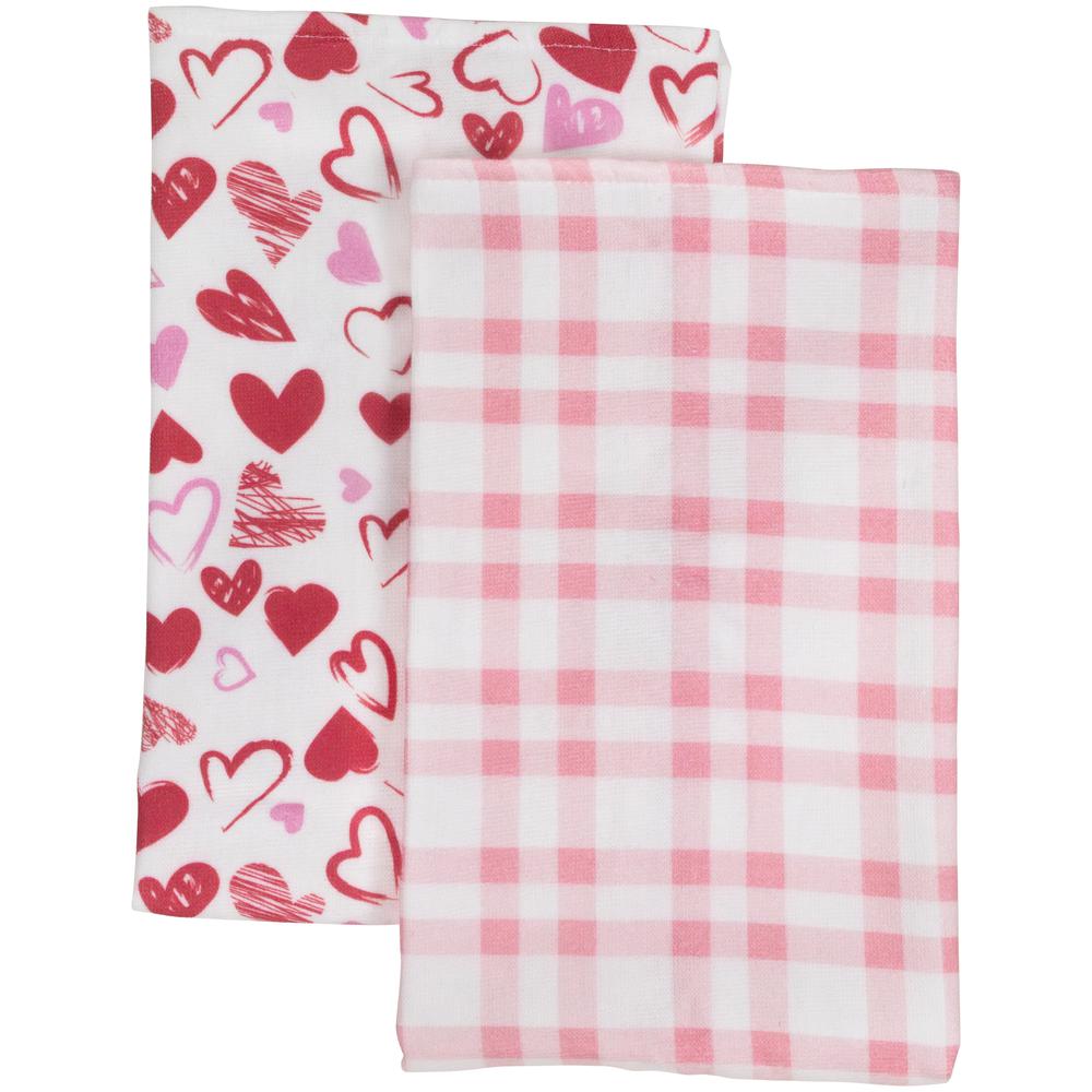 Set of 2 Hearts and Pink Plaid Valentine's Day Kitchen Tea Towels 26". Picture 2