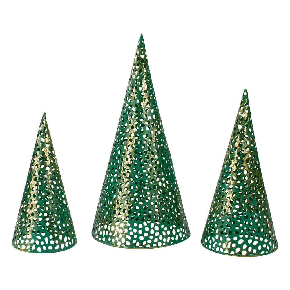 Set of 3 Green and Gold Christmas Tabletop Cone Trees 16". Picture 1