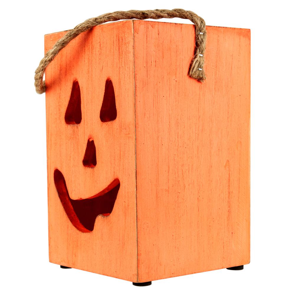 8" Large Orange Wood Jack O Lantern Halloween Candle Lantern. Picture 3
