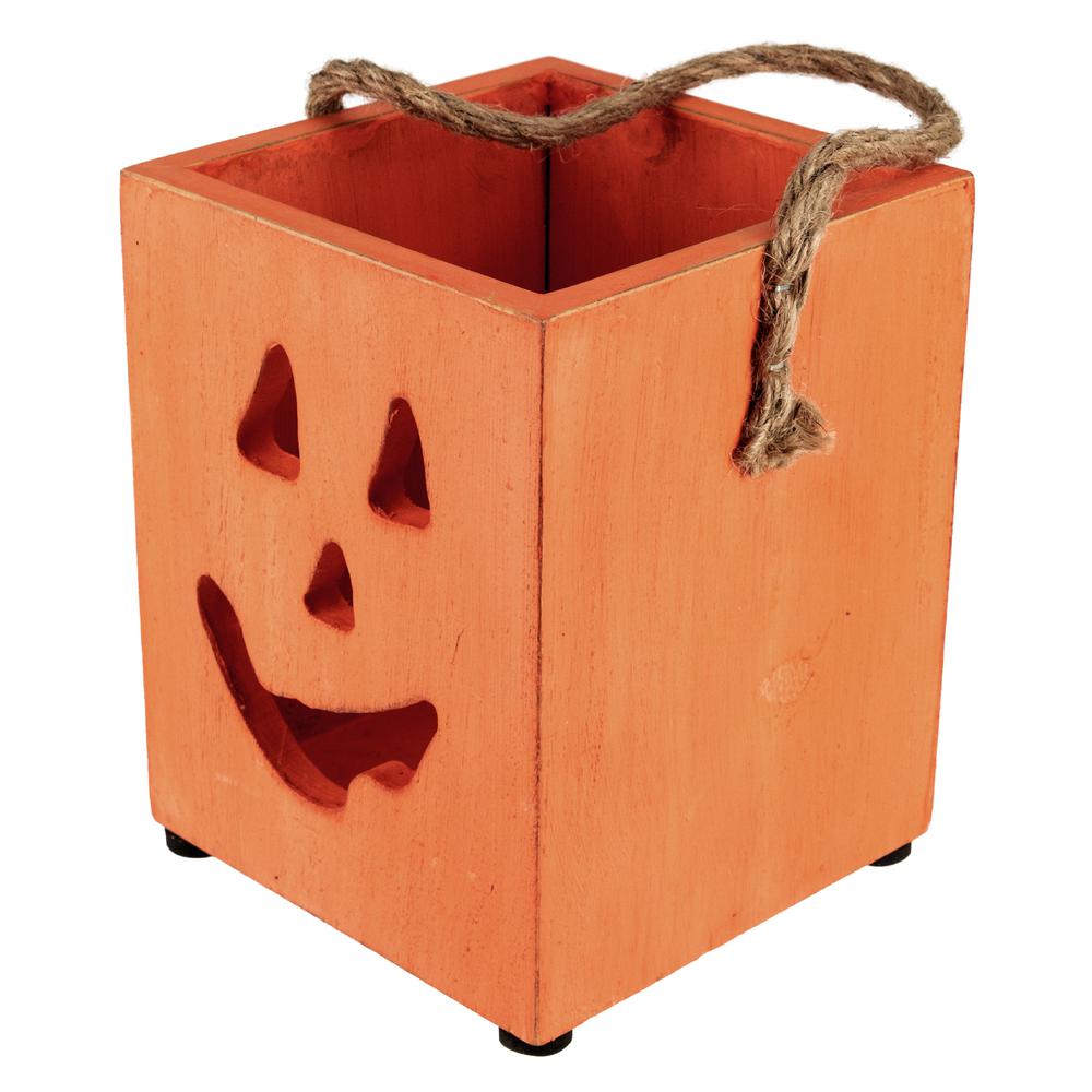 6.25" Small Orange Wood Jack O Lantern Halloween Candle Lantern. Picture 4