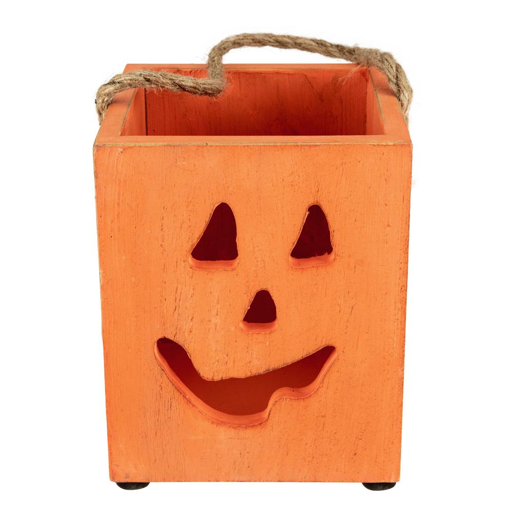 6.25" Small Orange Wood Jack O Lantern Halloween Candle Lantern. Picture 1