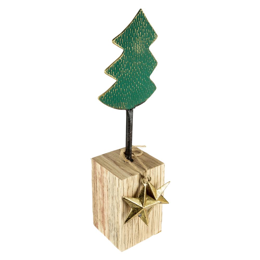16.75" Green Metal Tree in Chunky Wood Base Christmas Decor. Picture 4