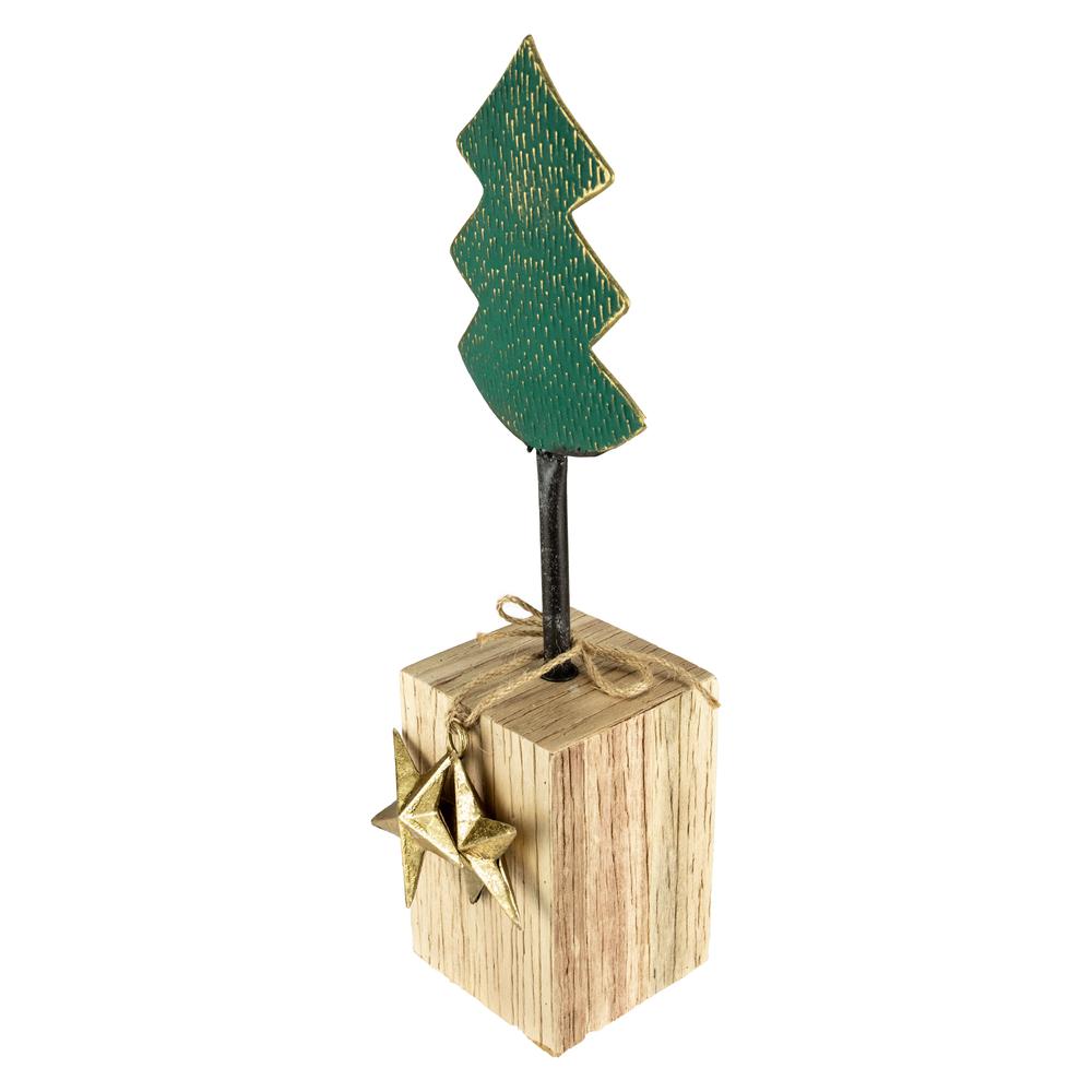 16.75" Green Metal Tree in Chunky Wood Base Christmas Decor. Picture 5