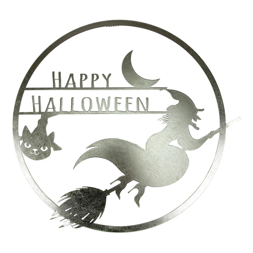 17" Silver Flying Witch Happy Halloween Wall Sign. Picture 1