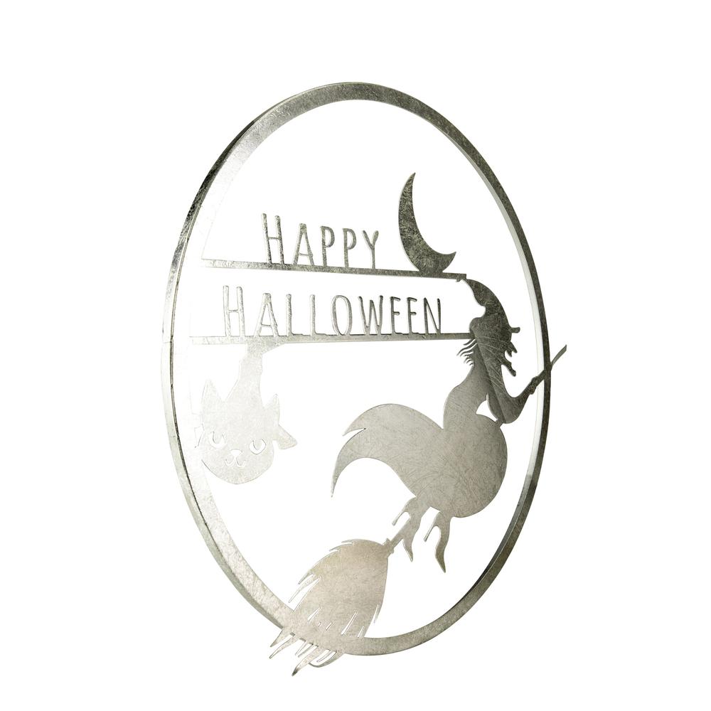 17" Silver Flying Witch Happy Halloween Wall Sign. Picture 2