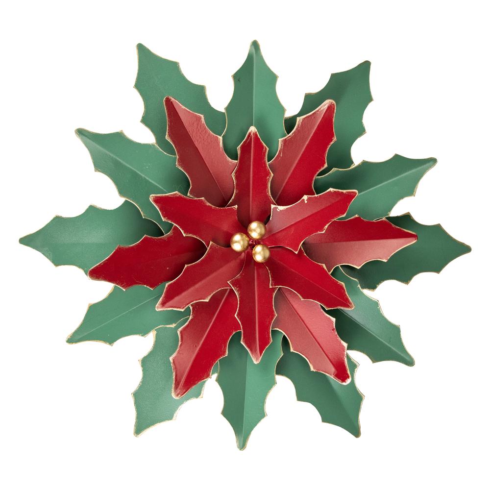 16.25" Large Red and Green Metal Poinsettia Christmas Wall Hanging. Picture 1