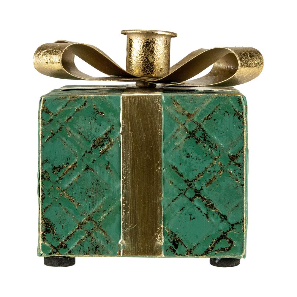 4.5" Green Metal Gift Box Christmas Taper Candle Holder. Picture 5