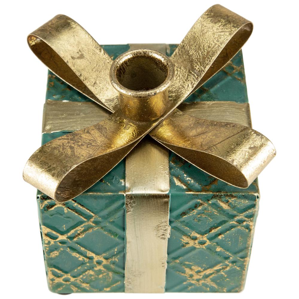 4.5" Green Metal Gift Box Christmas Taper Candle Holder. Picture 4
