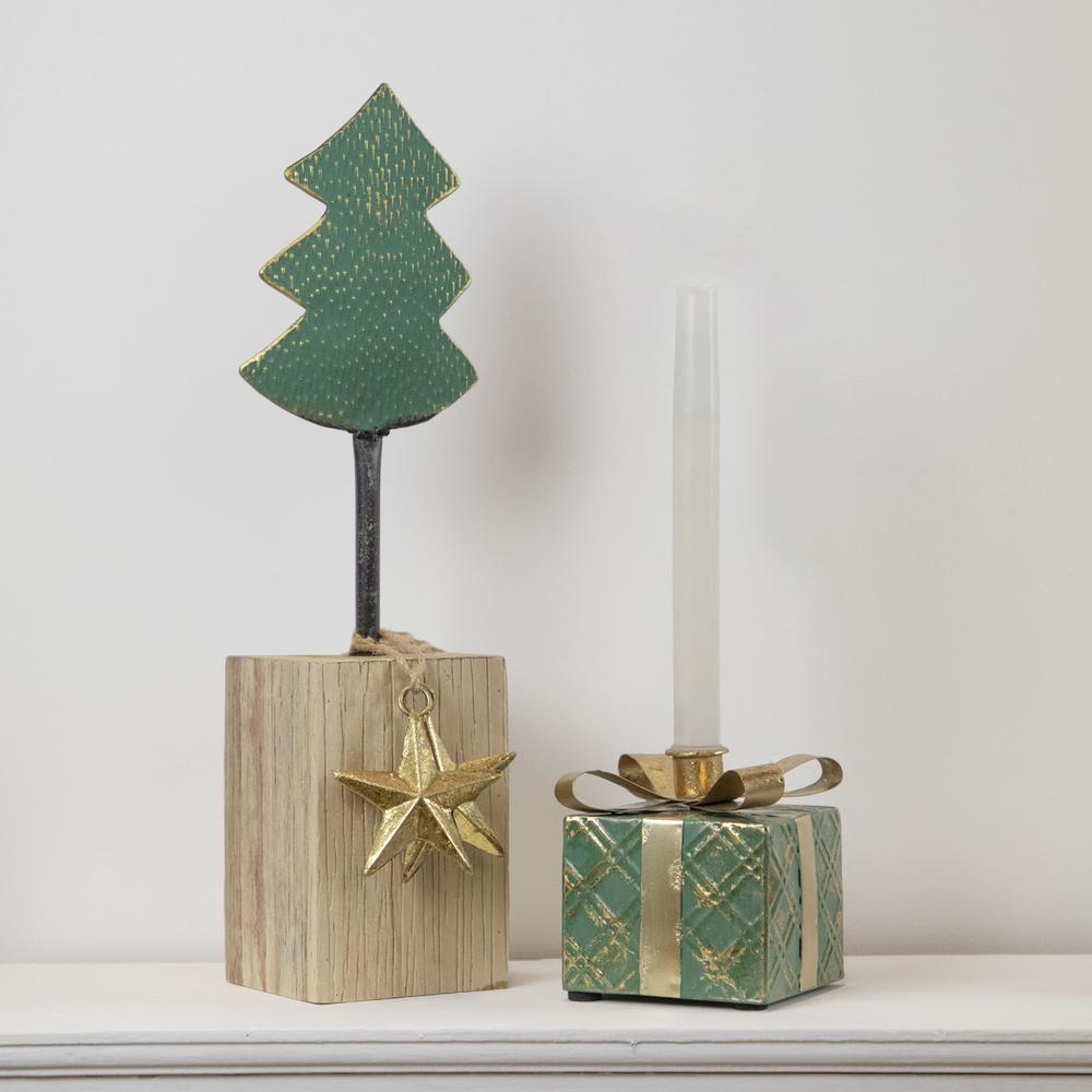 4.5" Green Metal Gift Box Christmas Taper Candle Holder. Picture 2