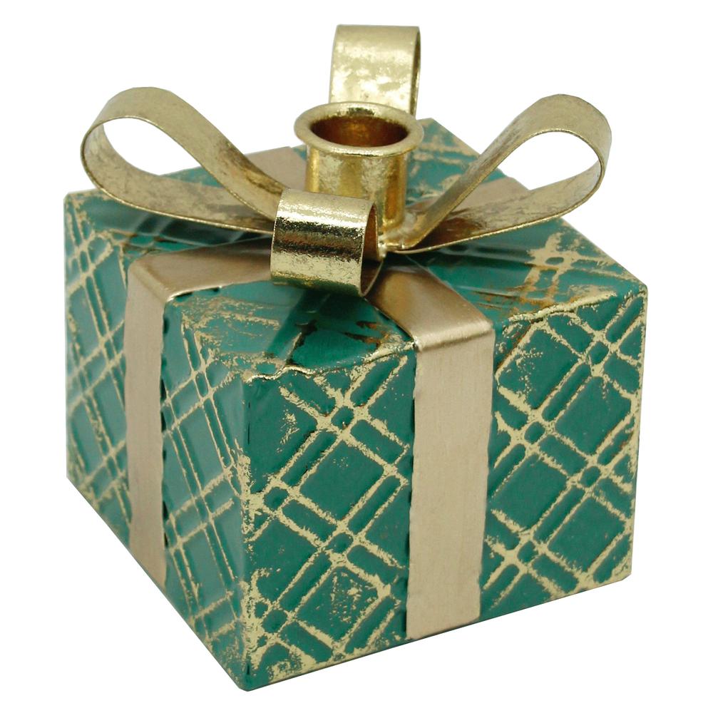 4.5" Green Metal Gift Box Christmas Taper Candle Holder. Picture 1