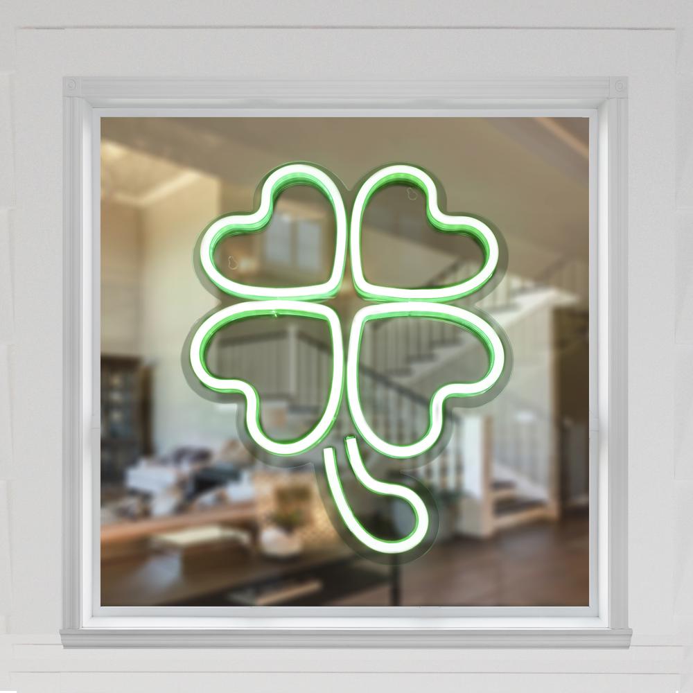15" LED Lighted Neon Style Green Shamrock St. Patrick's Day Window Silhouette. Picture 2