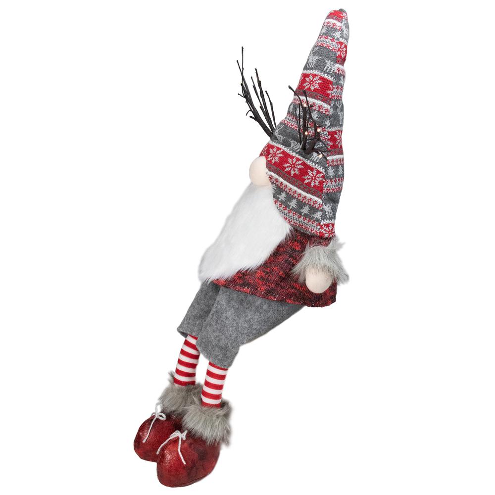 30" Gray and Red Christmas Gnome with LED Antlers and Dangling Legs. Picture 4