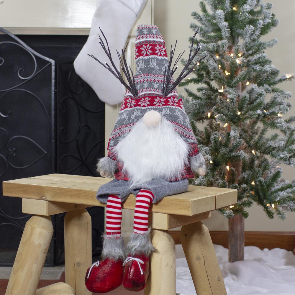 30" Gray and Red Christmas Gnome with LED Antlers and Dangling Legs. Picture 2