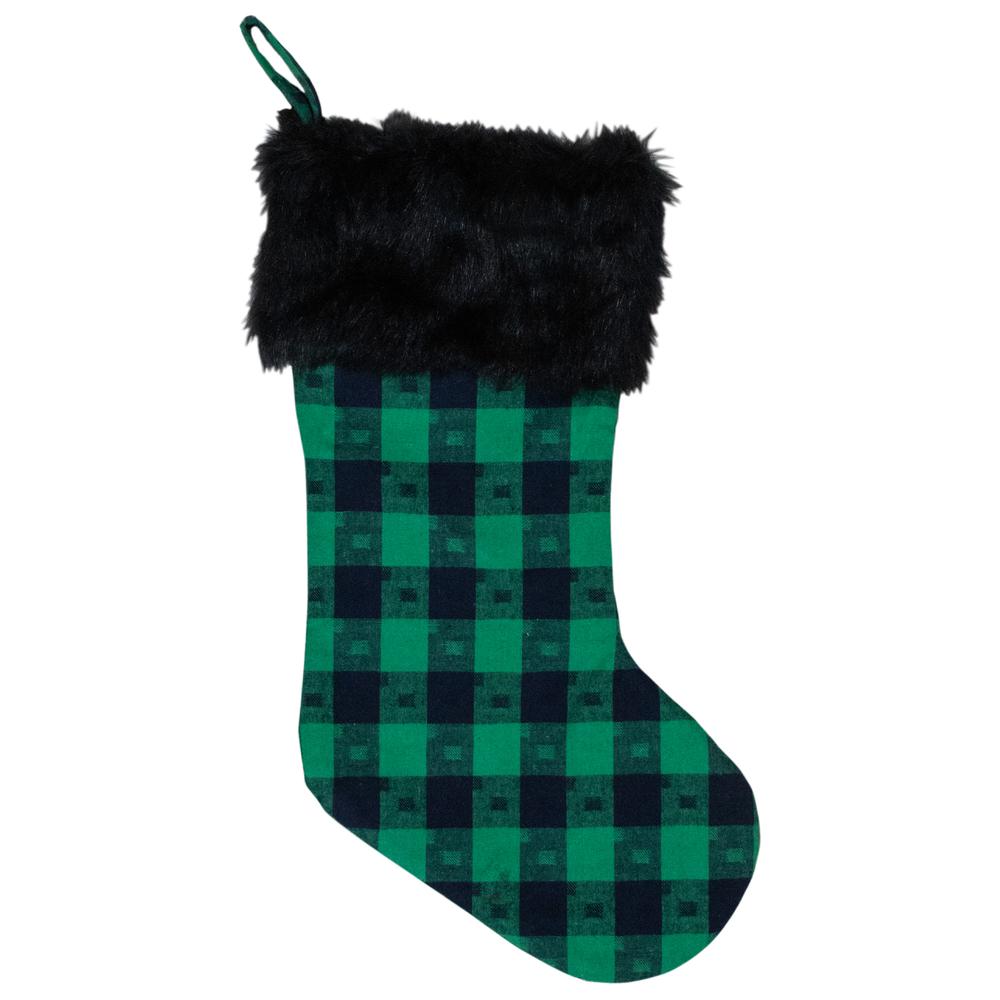 20" Green and Black Plaid Christmas Stocking. Picture 1