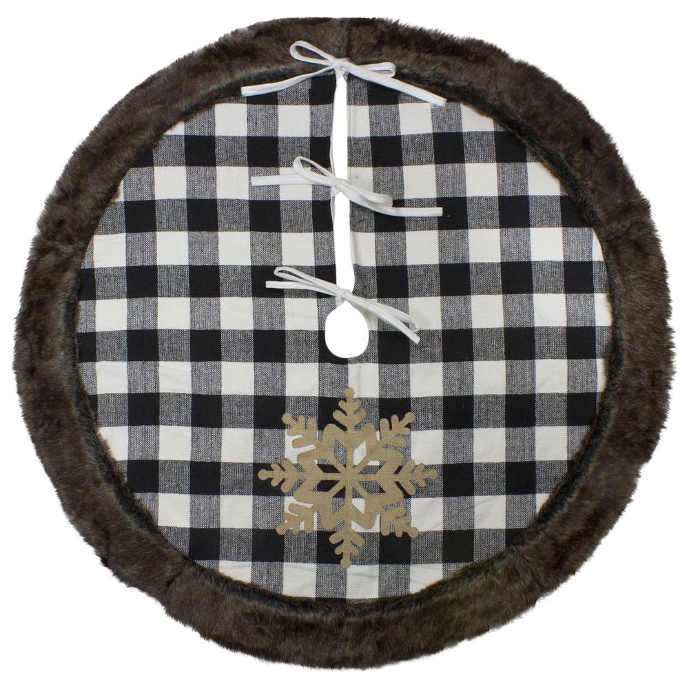 48" Black and White Buffalo Plaid Christmas Tree Skirt with Burlap Snowflake. Picture 3