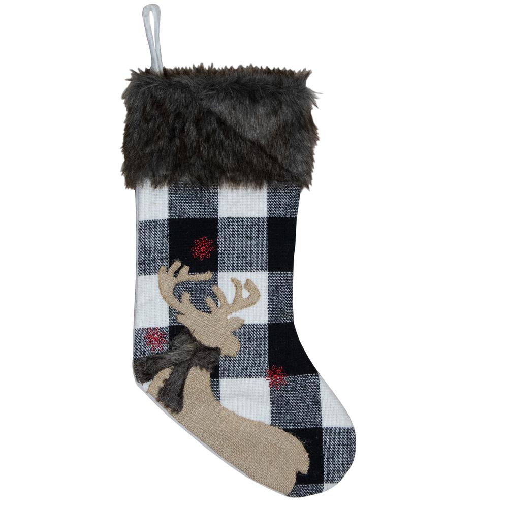 18-Inch Black and White Buffalo Plaid Burlap Reindeer Christmas Stocking. Picture 1