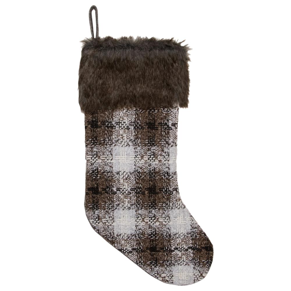 18" Brown and White Buffalo Plaid Christmas Stocking. Picture 1