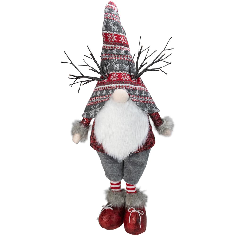 30" Red and Gray Nordic Hat Standing Christmas Gnome with LED Antlers. Picture 1