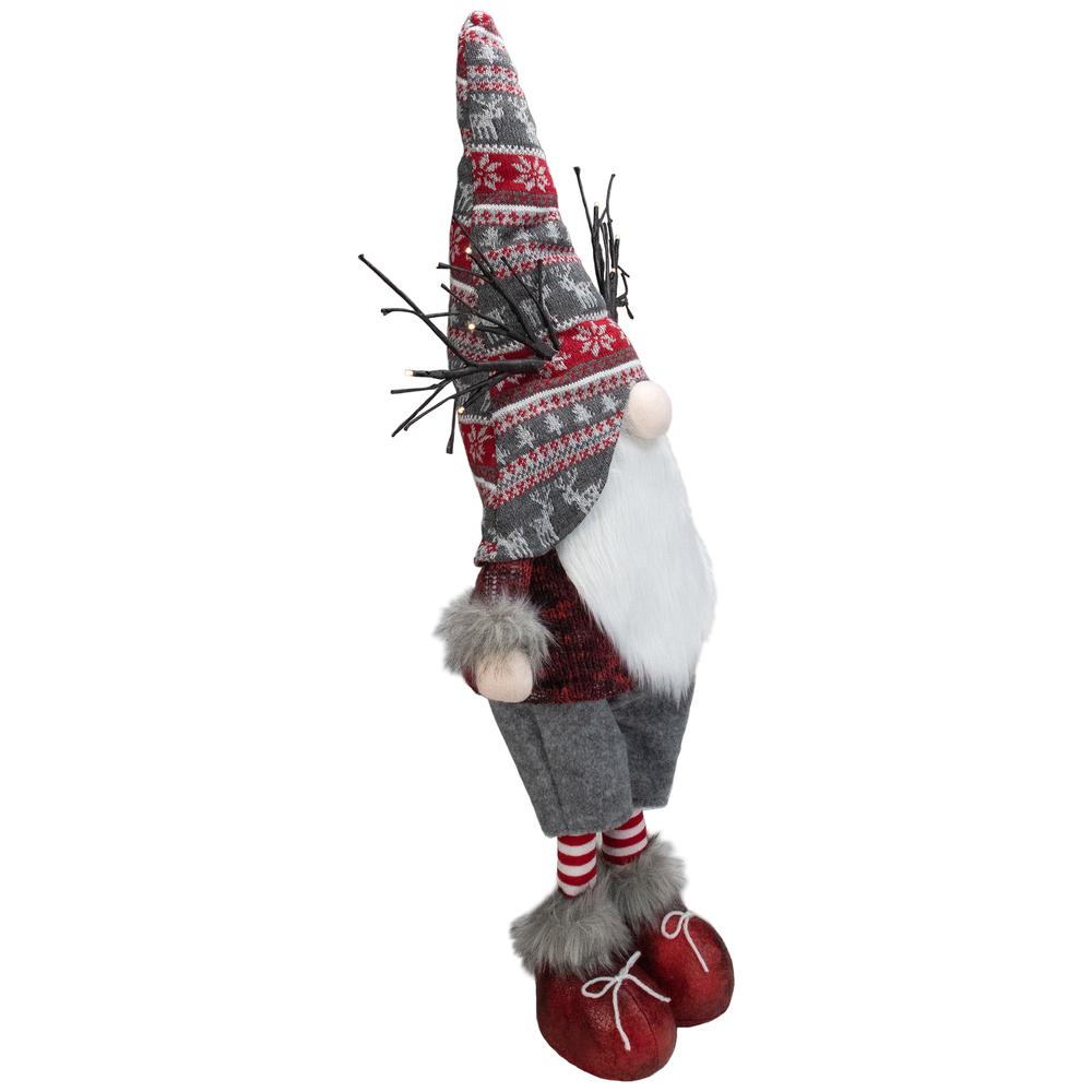 30" Red and Gray Nordic Hat Standing Christmas Gnome with LED Antlers. Picture 3