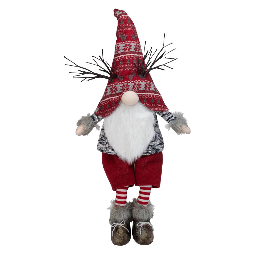 30" Red and Gray Fair Isle Sitting Gnome Christmas Figure with LED Antlers. Picture 1