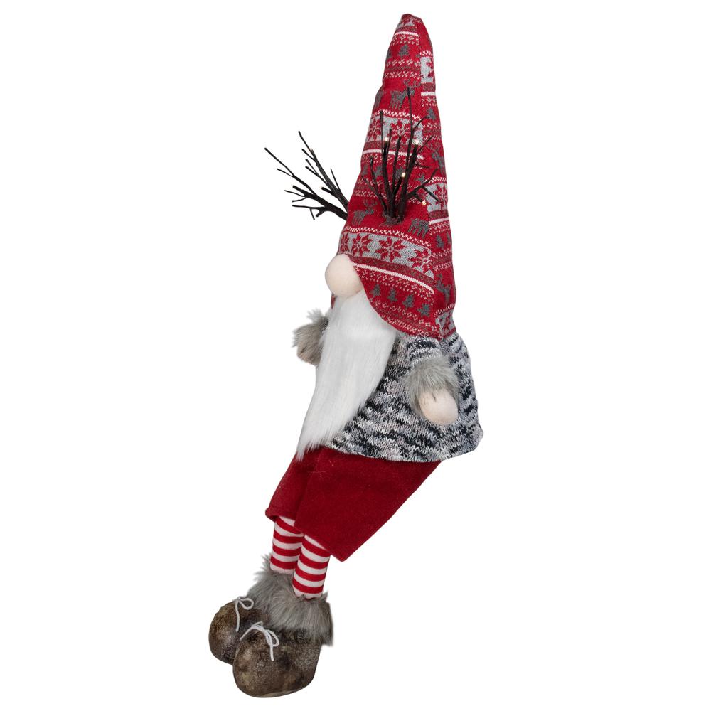 30" Red and Gray Fair Isle Sitting Gnome Christmas Figure with LED Antlers. Picture 2
