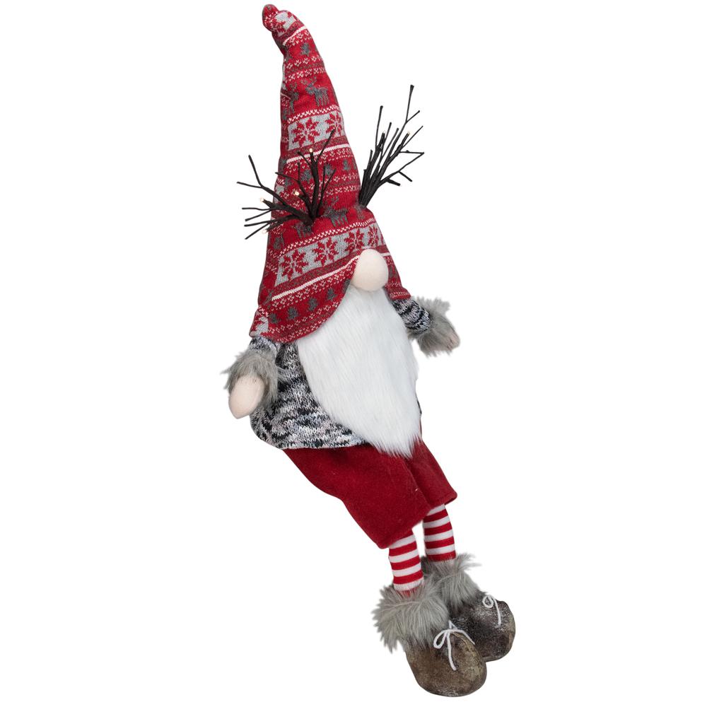 30" Red and Gray Fair Isle Sitting Gnome Christmas Figure with LED Antlers. Picture 3
