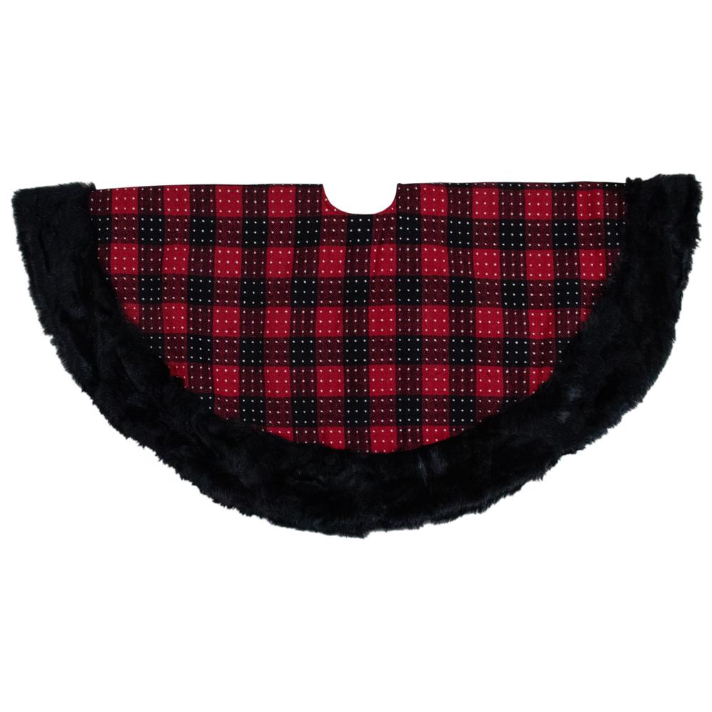 48" Red and Black Plaid with Polka Dots Christmas Tree Skirt. Picture 1