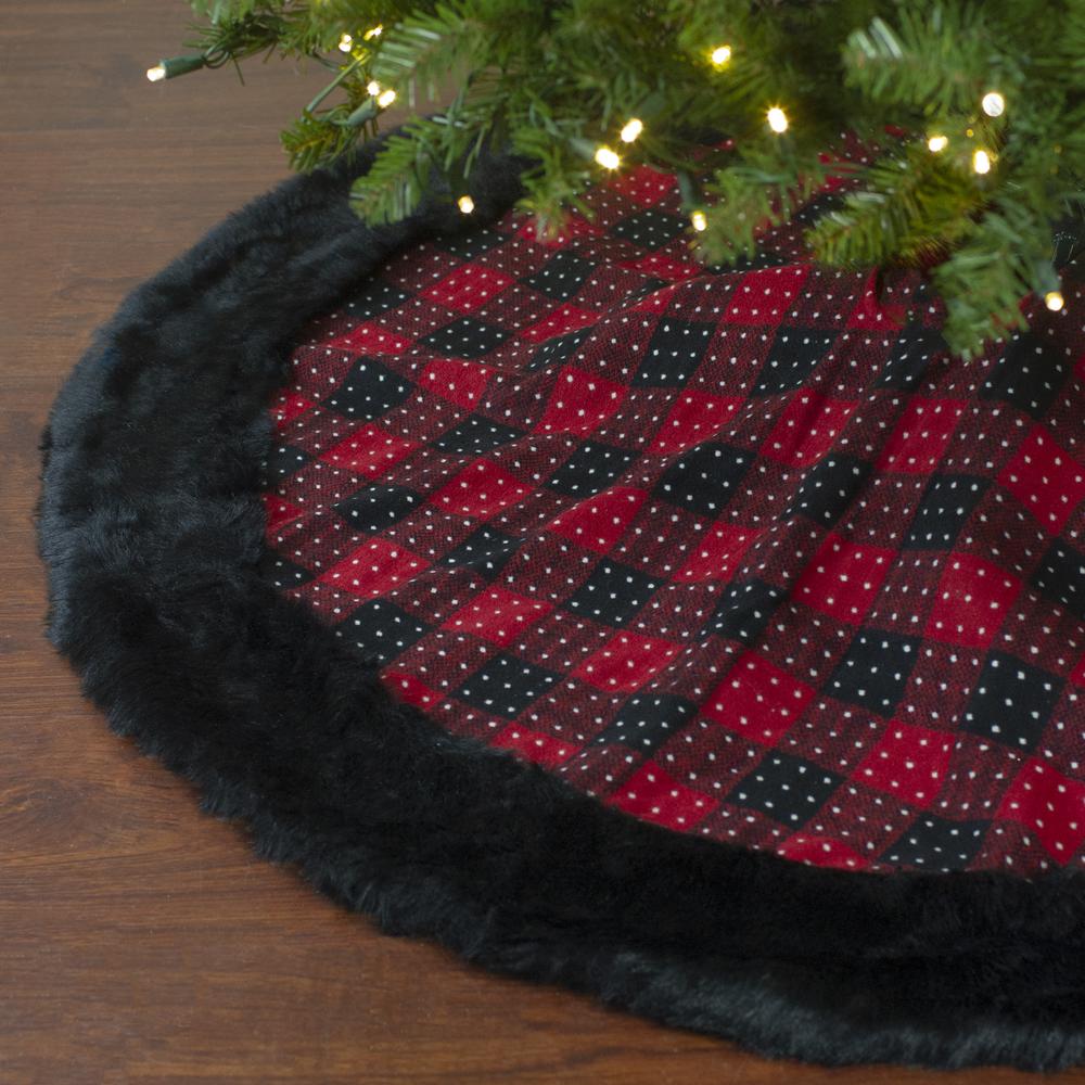 48" Red and Black Plaid with Polka Dots Christmas Tree Skirt. Picture 2