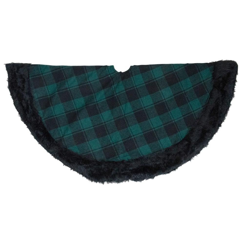 48" Green and Black Plaid Christmas Tree Skirt with Faux Fur. Picture 1