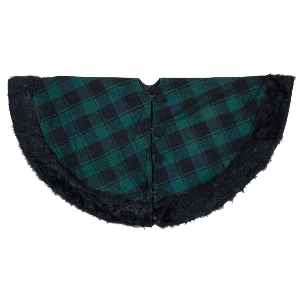 48" Green and Black Plaid Christmas Tree Skirt with Faux Fur. Picture 4