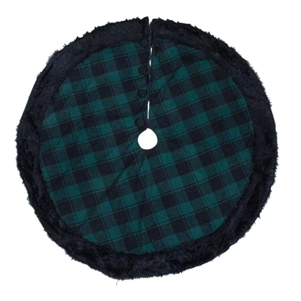48" Green and Black Plaid Christmas Tree Skirt with Faux Fur. Picture 3
