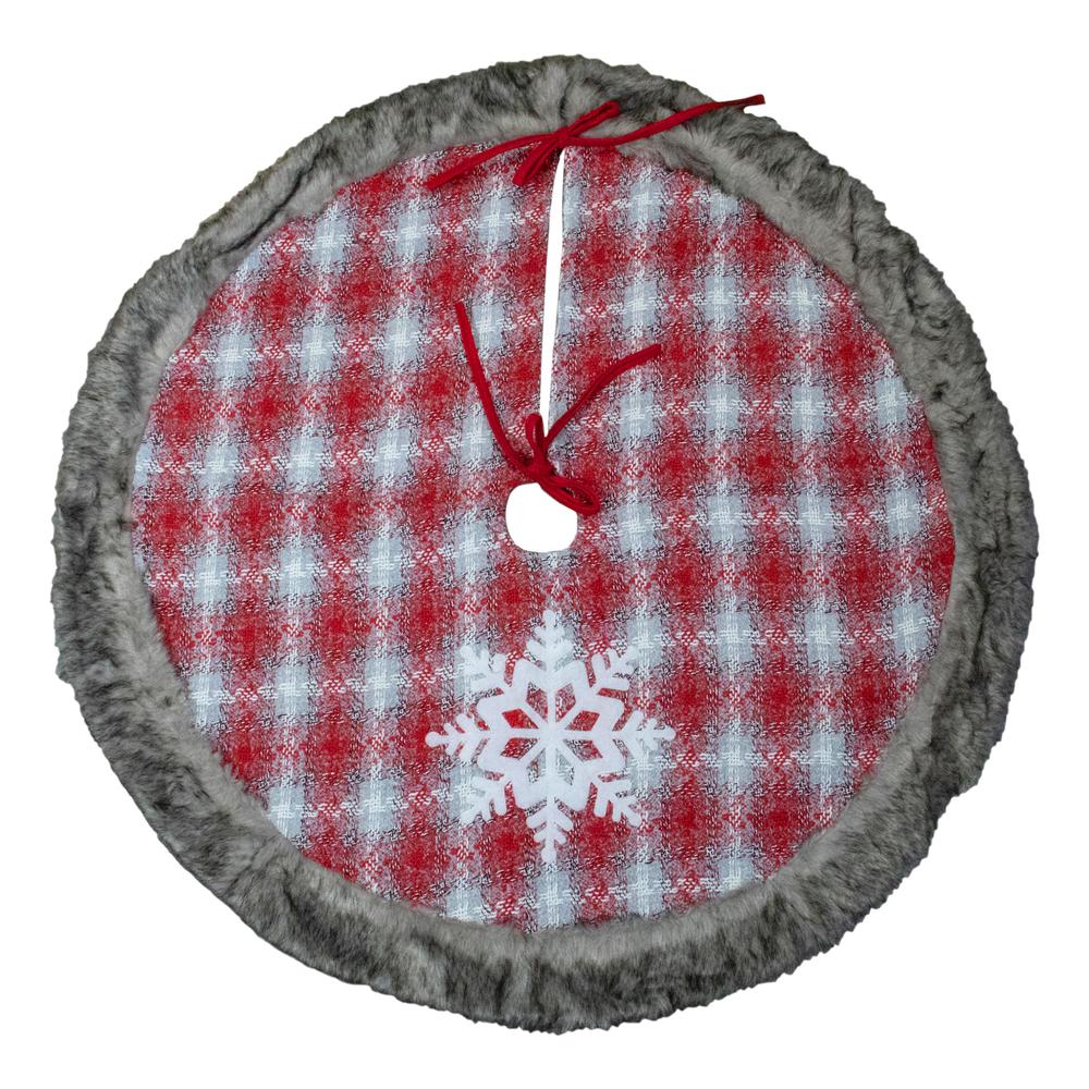 48" Red and White Plaid Christmas Tree Skirt with Snowflake. Picture 3