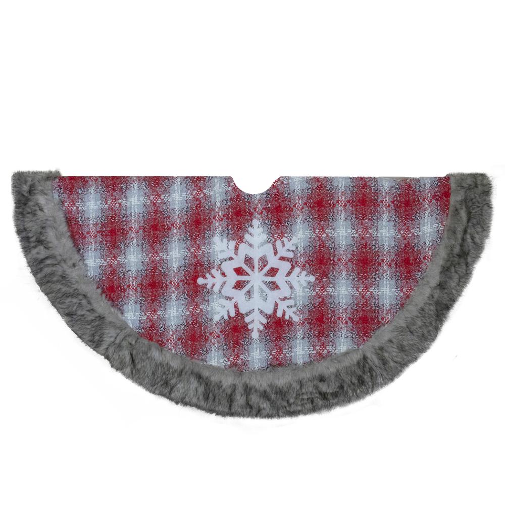 48" Red and White Plaid Christmas Tree Skirt with Snowflake. Picture 1
