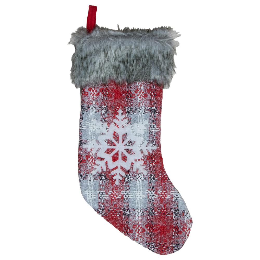 18-Inch Red and White Plaid Faux Fur Christmas Stocking with Snowflake. Picture 1