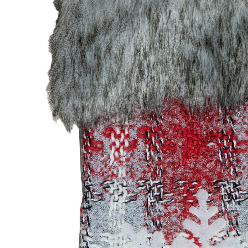 18-Inch Red and White Plaid Faux Fur Christmas Stocking with Snowflake. Picture 3