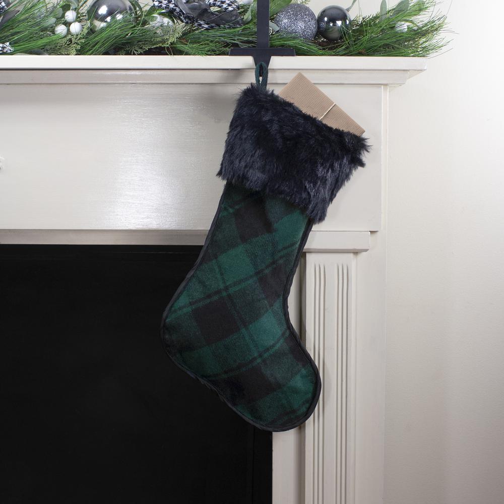 19" Green and Black Plaid Christmas Stocking with Faux Fur. Picture 2