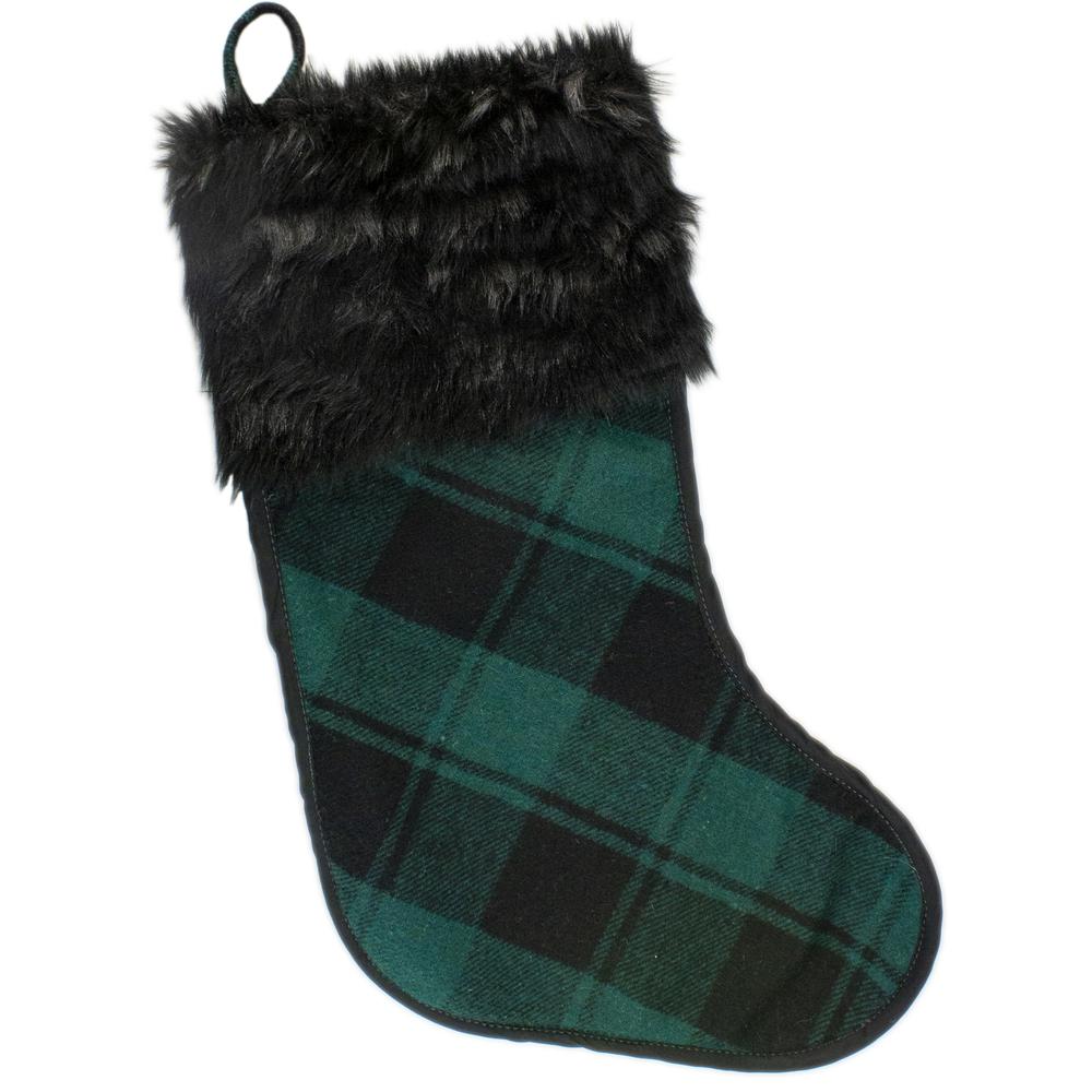 19" Green and Black Plaid Christmas Stocking with Faux Fur. Picture 1