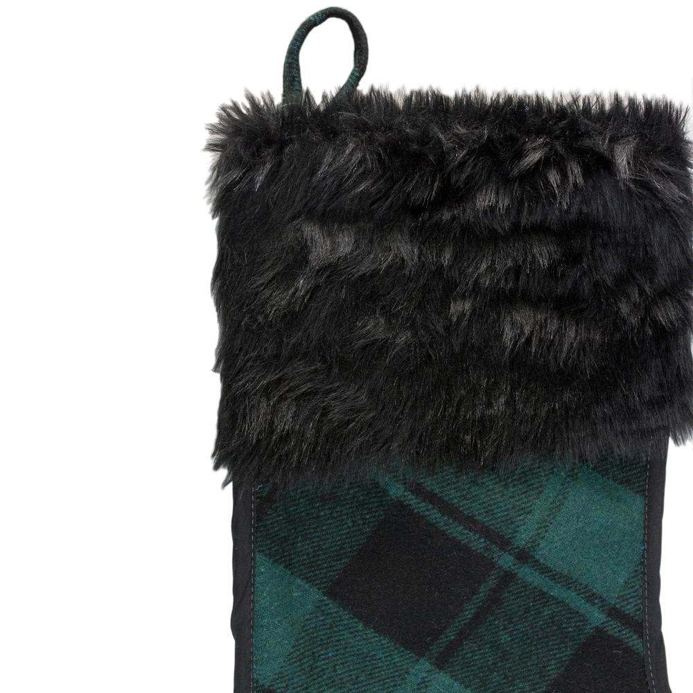 19" Green and Black Plaid Christmas Stocking with Faux Fur. Picture 4