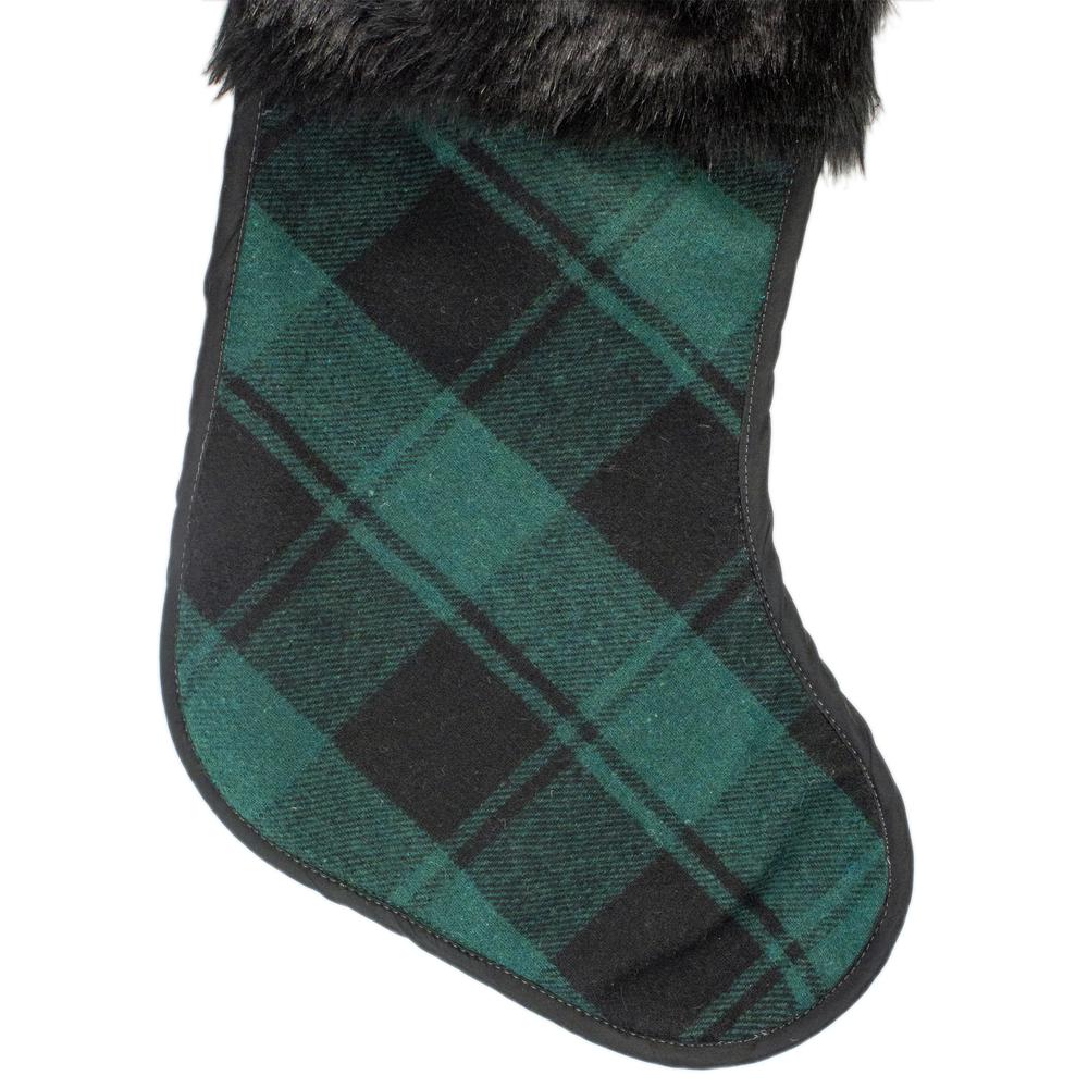 19" Green and Black Plaid Christmas Stocking with Faux Fur. Picture 3